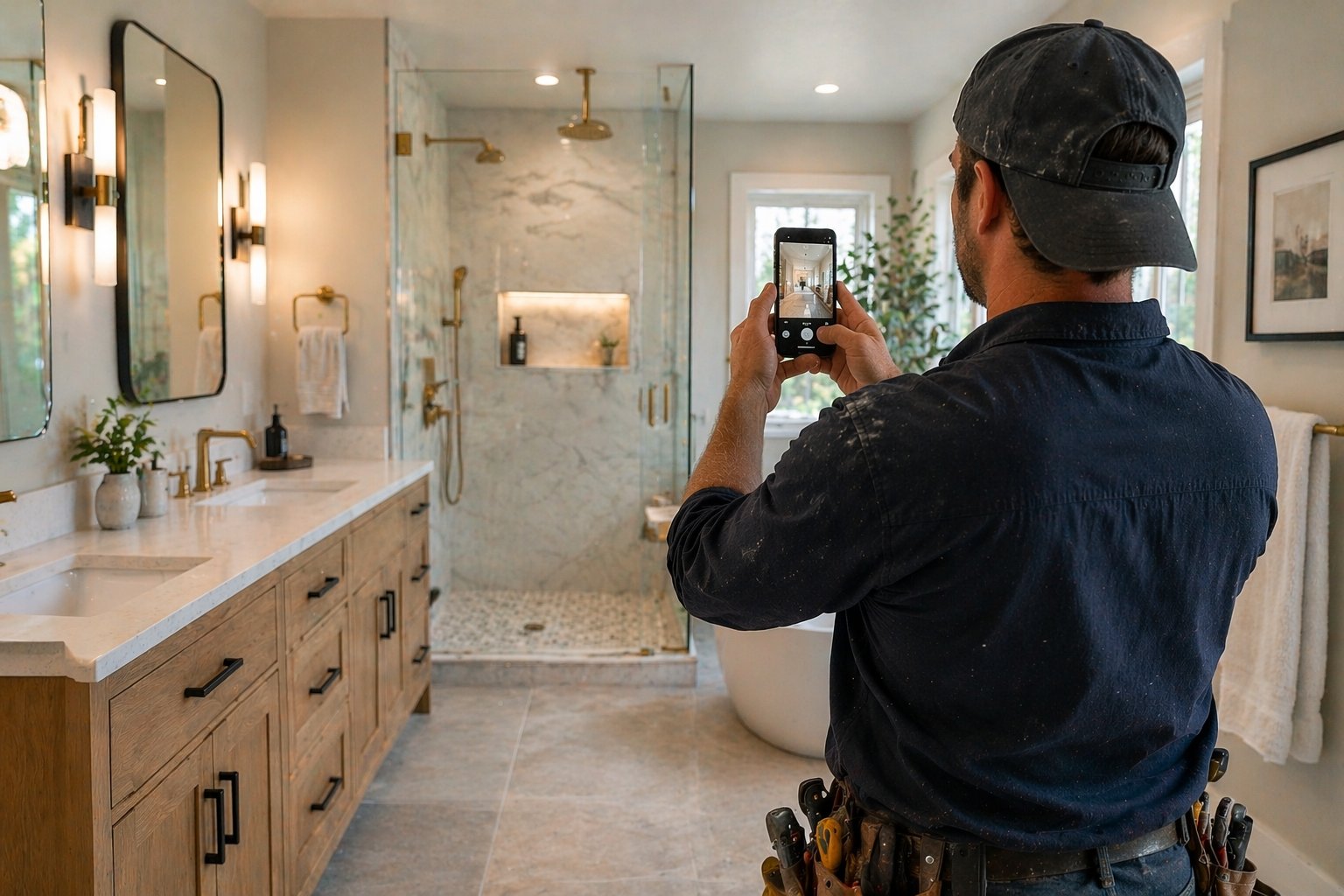 Contractor photographing a remodeled bathroom with marble shower