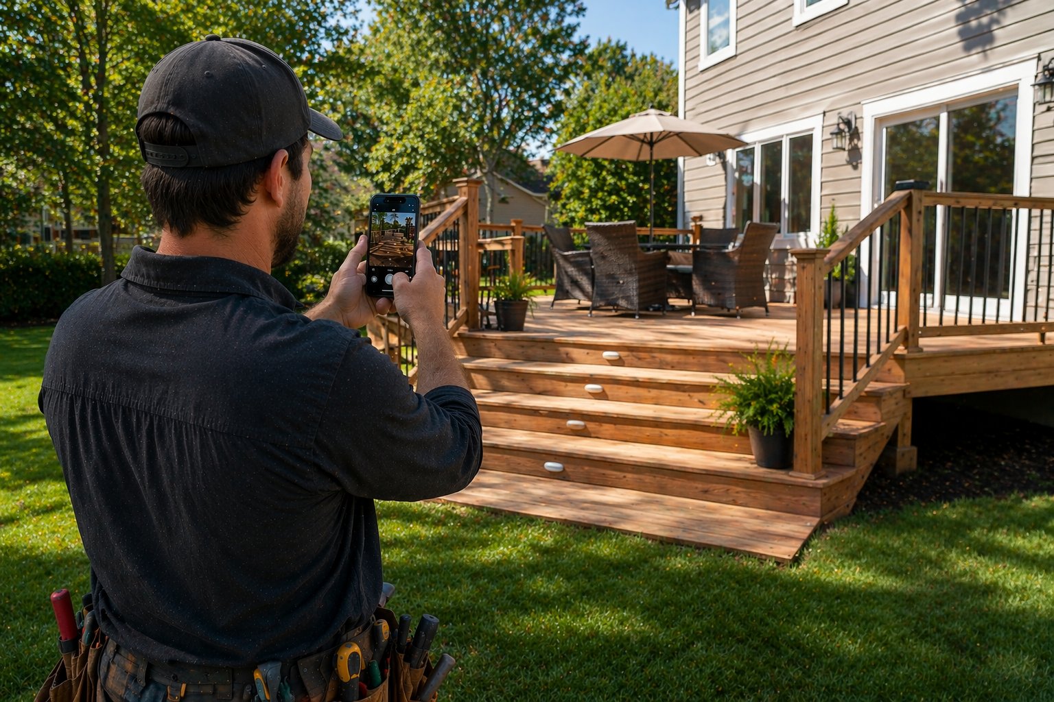 Deck builder photographing a finished backyard deck with steps and railing