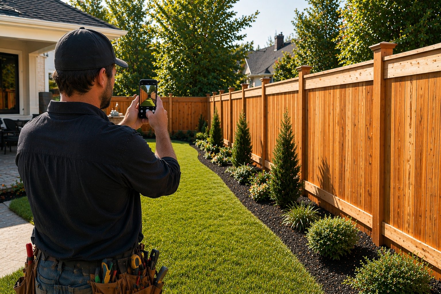Fence builder photographing a finished cedar privacy fence along a lawn