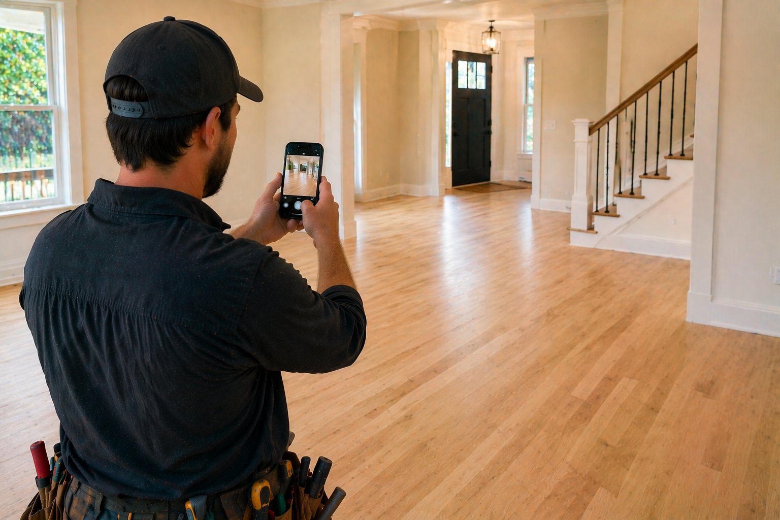 Flooring installer photographing finished hardwood floors in an empty entryway