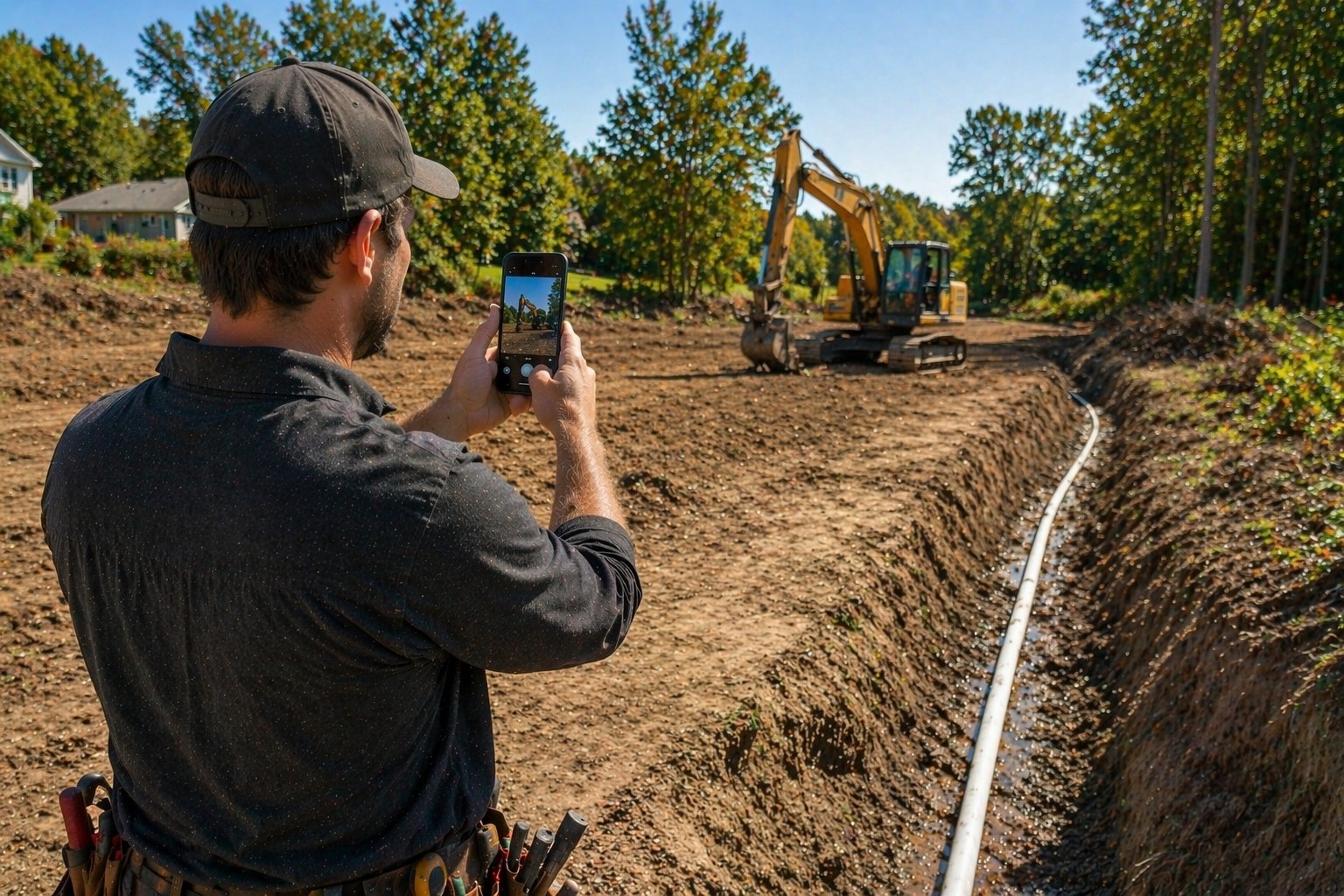 General contractor photographing an excavation site with heavy equipment