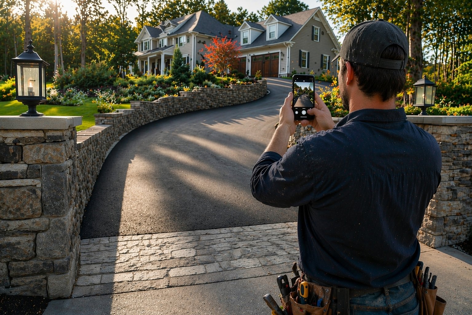 Contractor photographing a finished paved driveway and stone walls