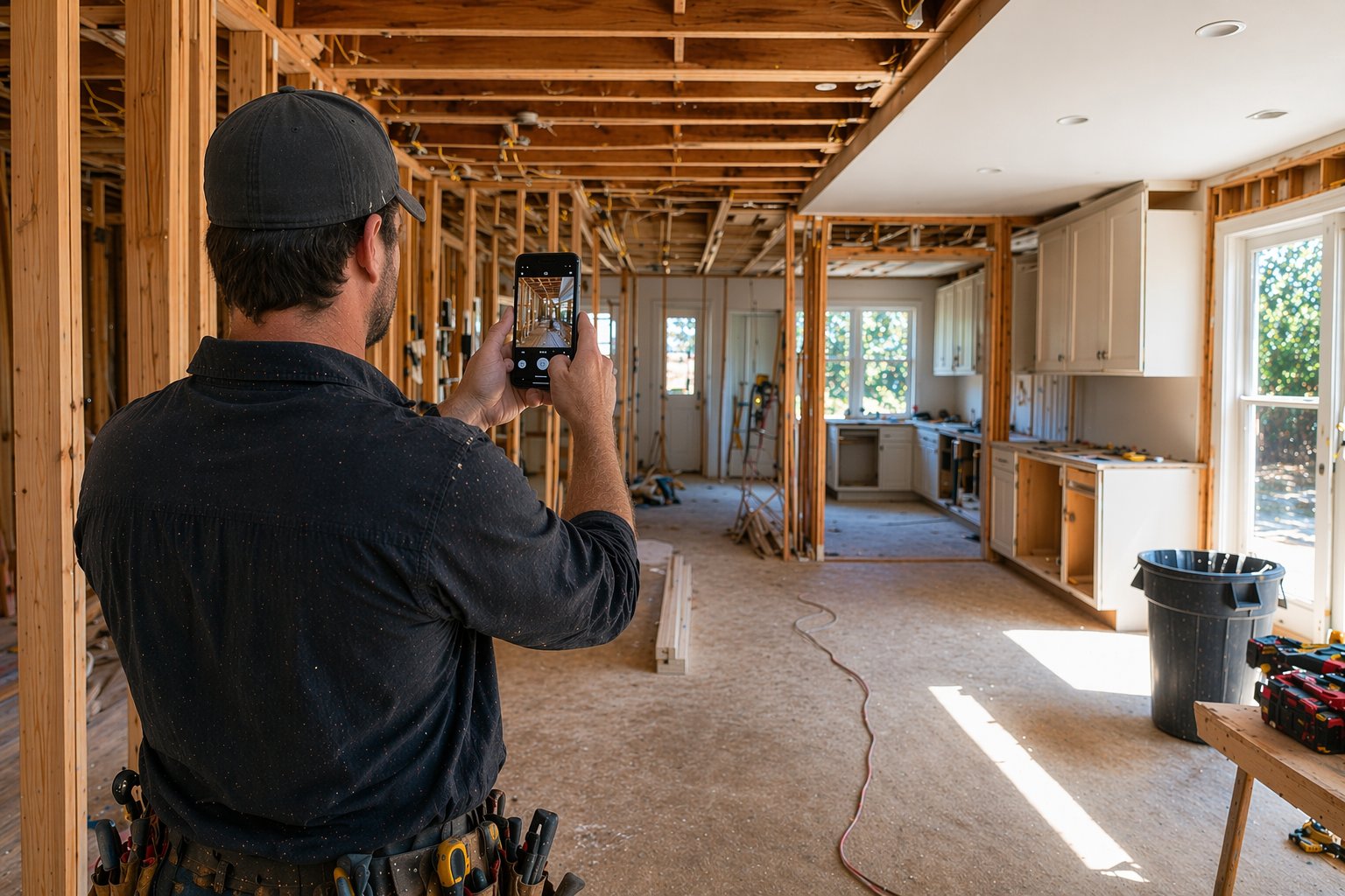 Contractor photographing a whole-home remodel during framing