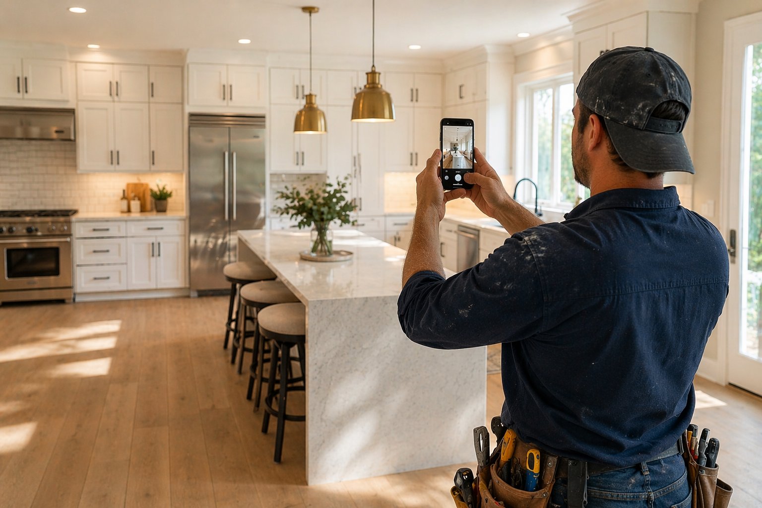 Contractor photographing a finished modern kitchen with quartz island