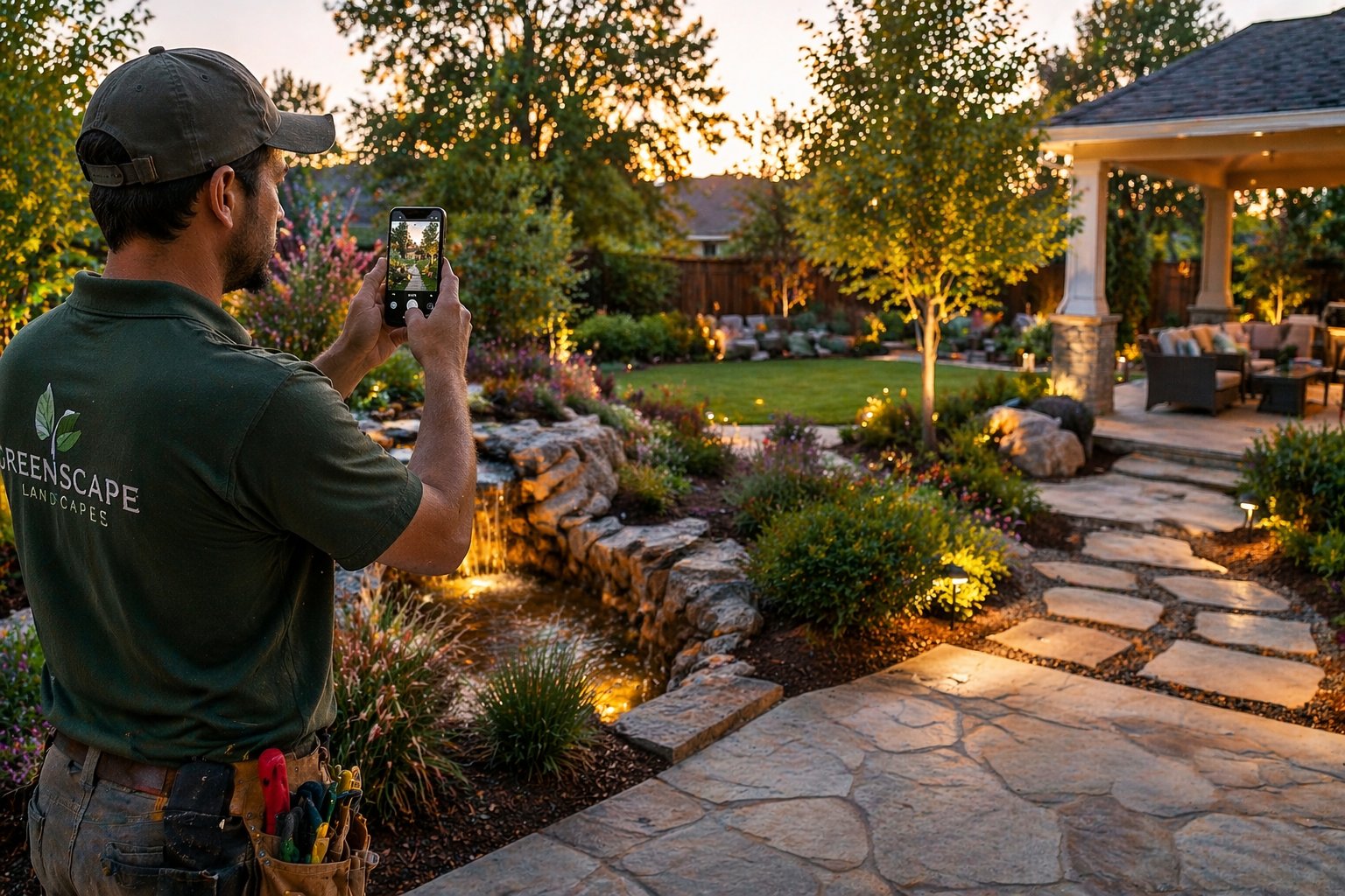 Landscaper photographing a finished patio and garden at dusk
