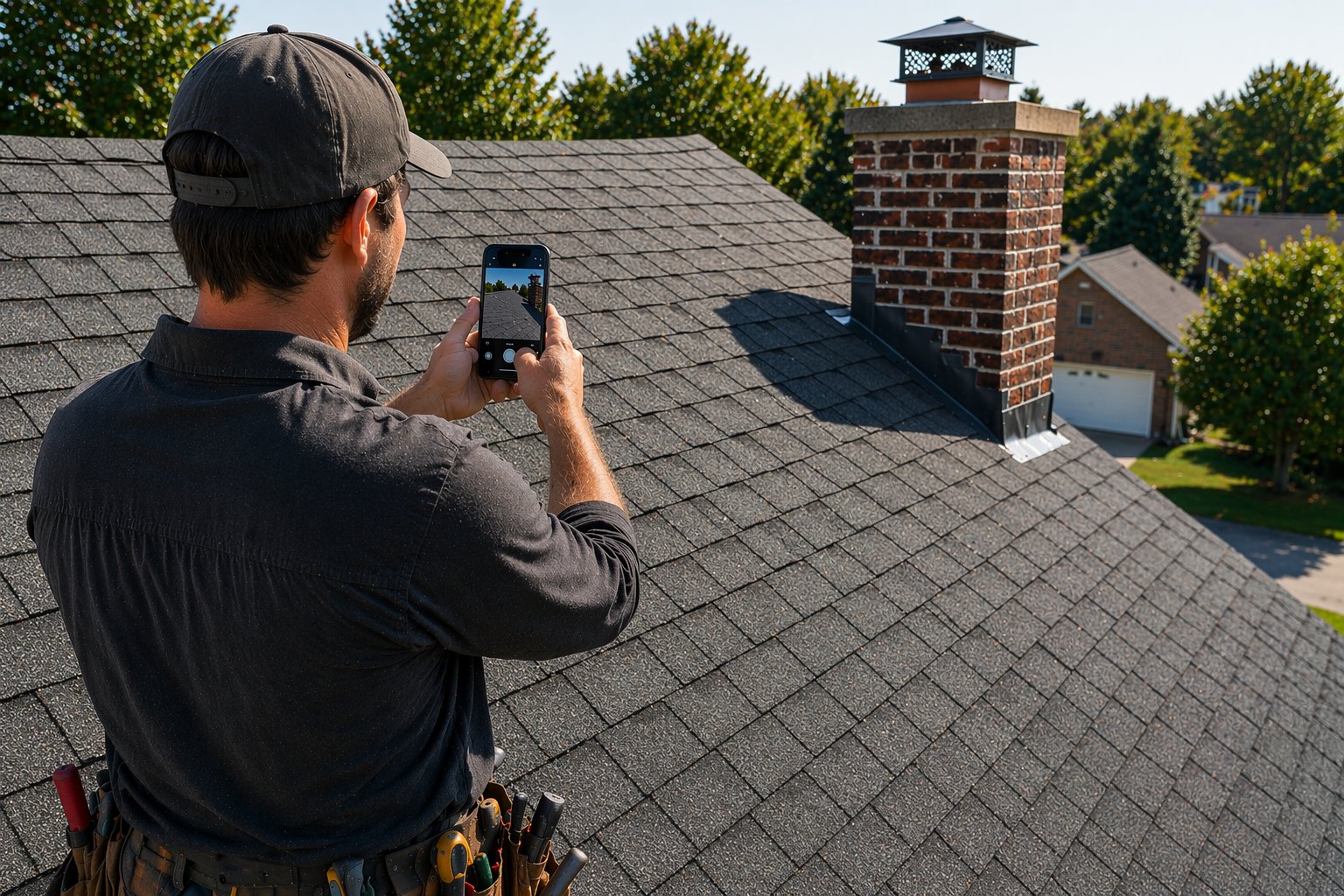 Roofing contractor photographing a finished asphalt shingle roof with chimney
