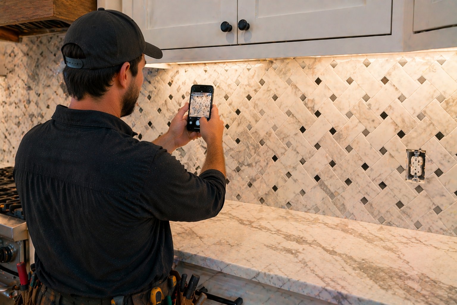 Tile setter photographing a finished marble mosaic backsplash