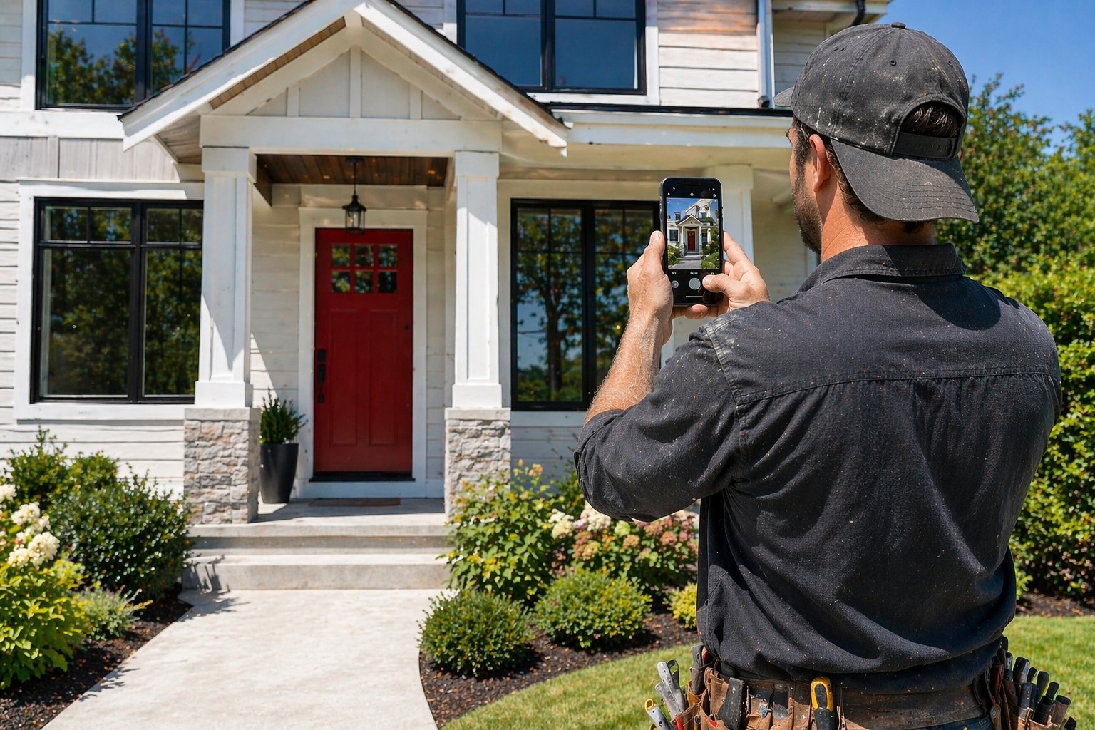 Contractor photographing a new front door and entryway install